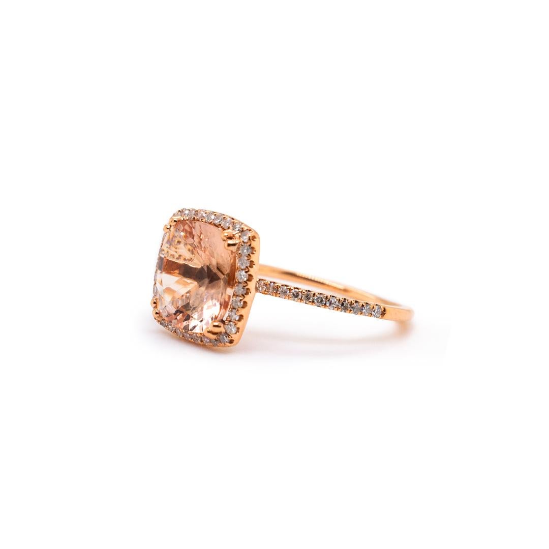 Cushion Cut 14K Rose Gold Morganite Halo Diamond Wedding Ring