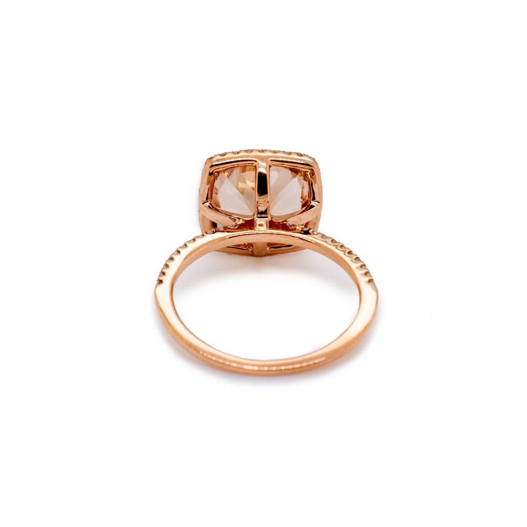 14K Rose Gold Morganite Halo Diamond Wedding Ring In Excellent Condition In Houston, TX