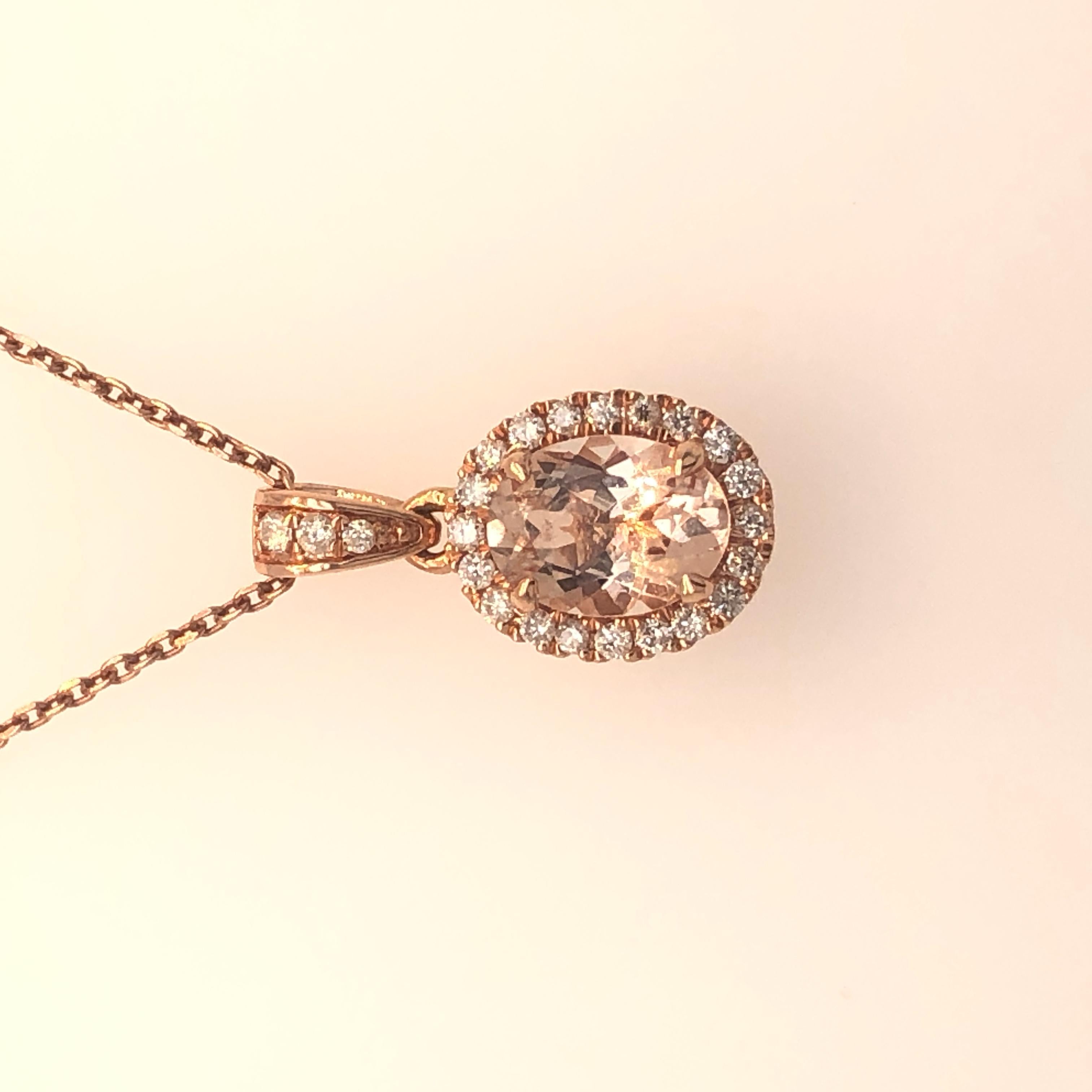 Oval Cut 14K Rose Gold Morganite Oval and Diamond Halo Pendant For Sale