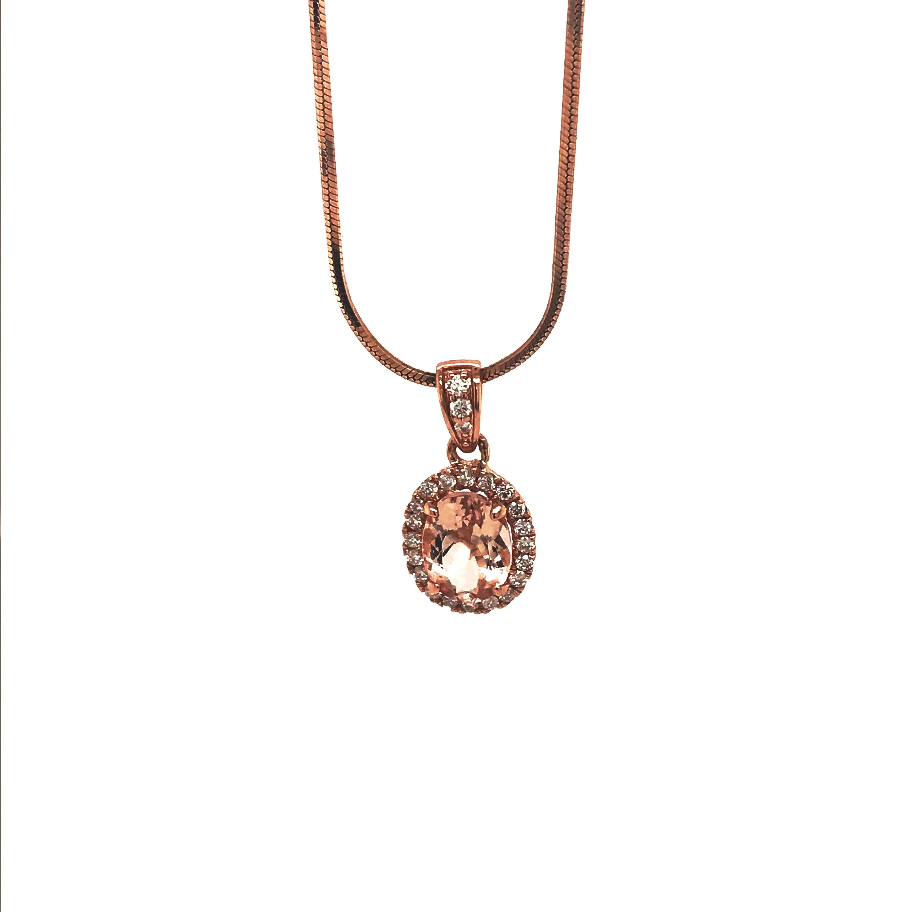 14K Rose Gold Morganite Oval and Diamond Halo Pendant For Sale 2