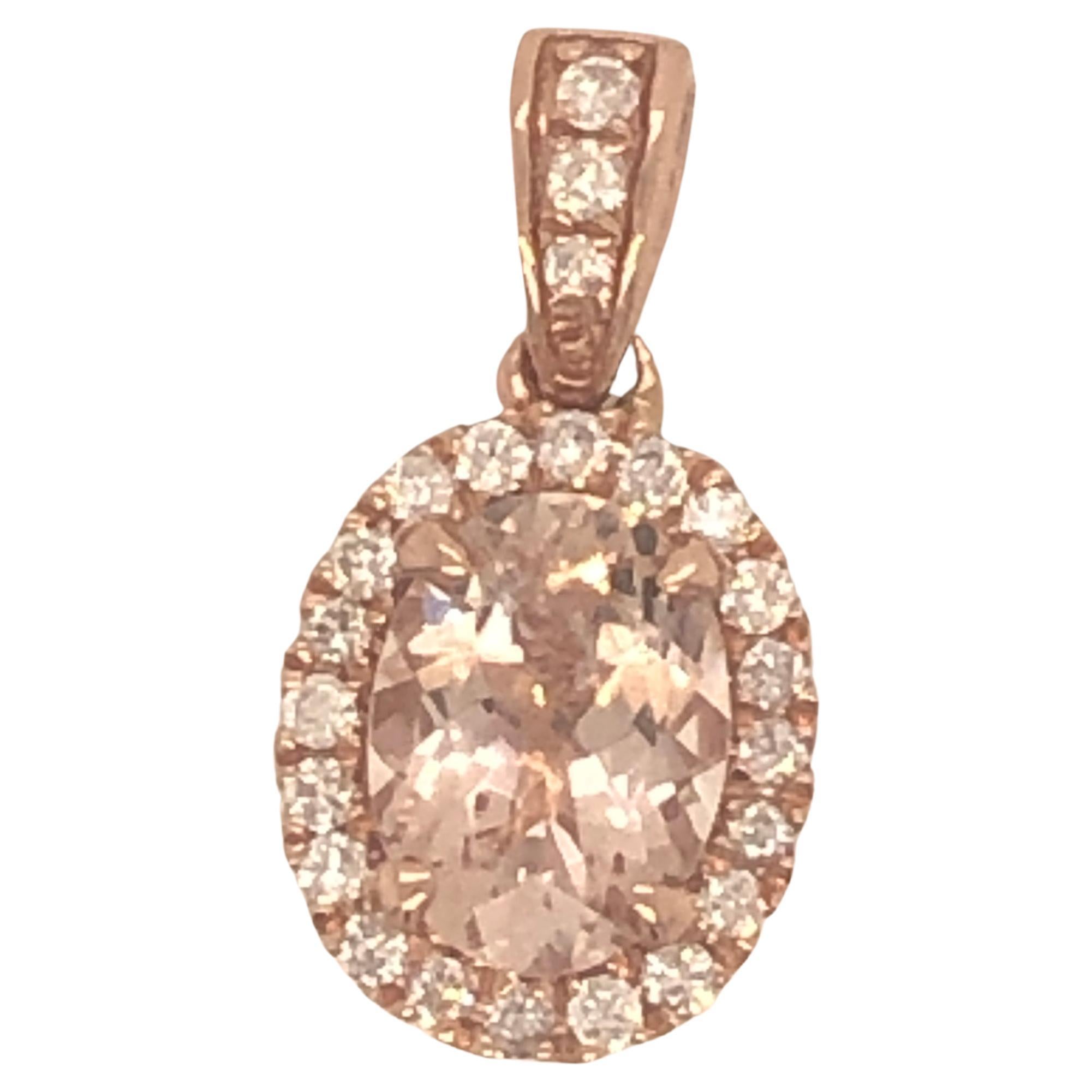 14K Rose Gold Morganite Oval and Diamond Halo Pendant For Sale