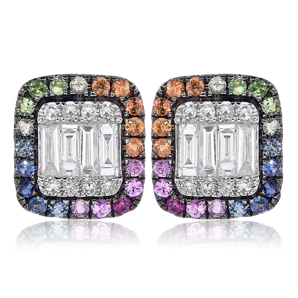 Round Cut 14K Rose Gold Multicolor Sapphire and Diamond Earrings