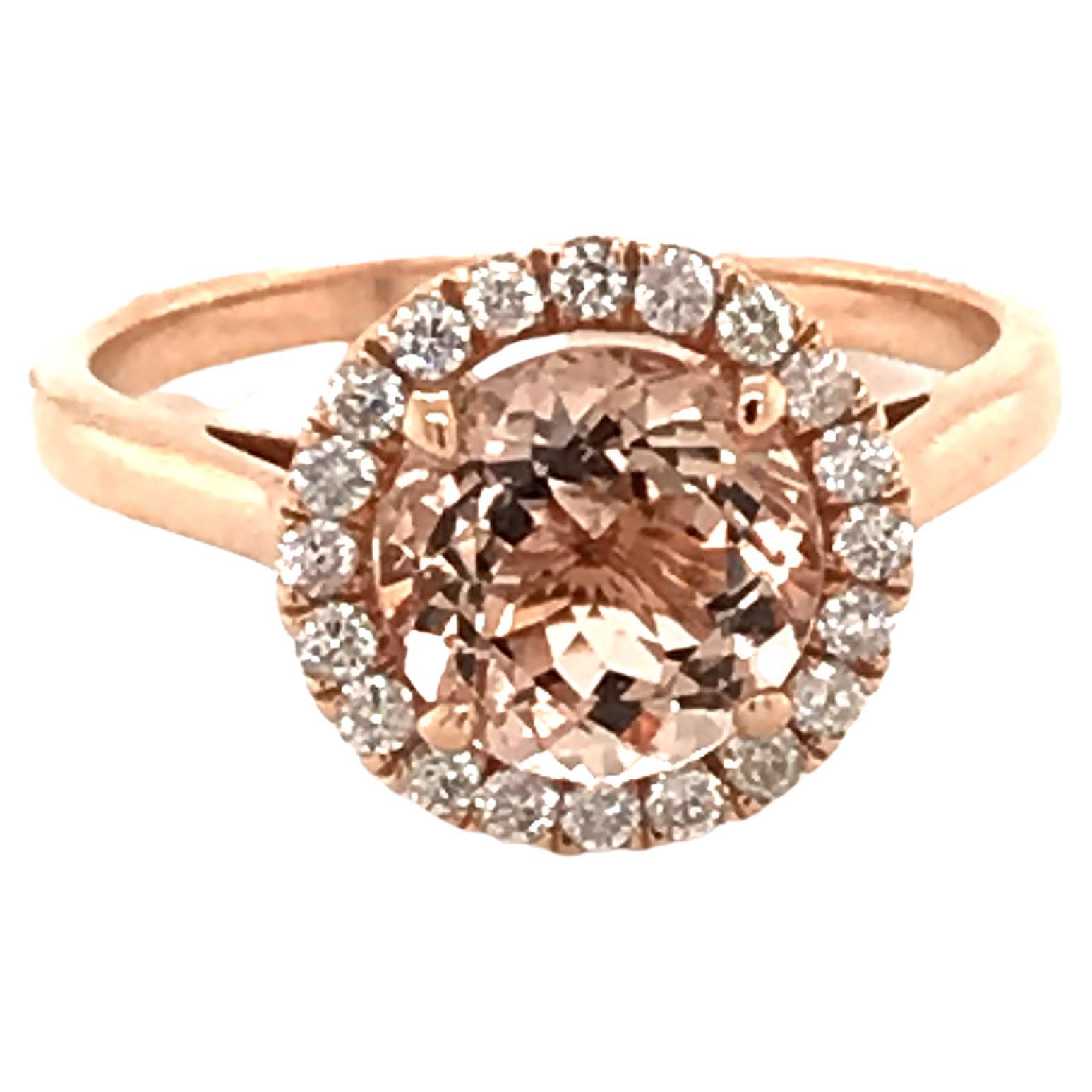 14K Rose Gold Natural 1.77 Cts Morganite Round Halo Cocktail Ring For Sale