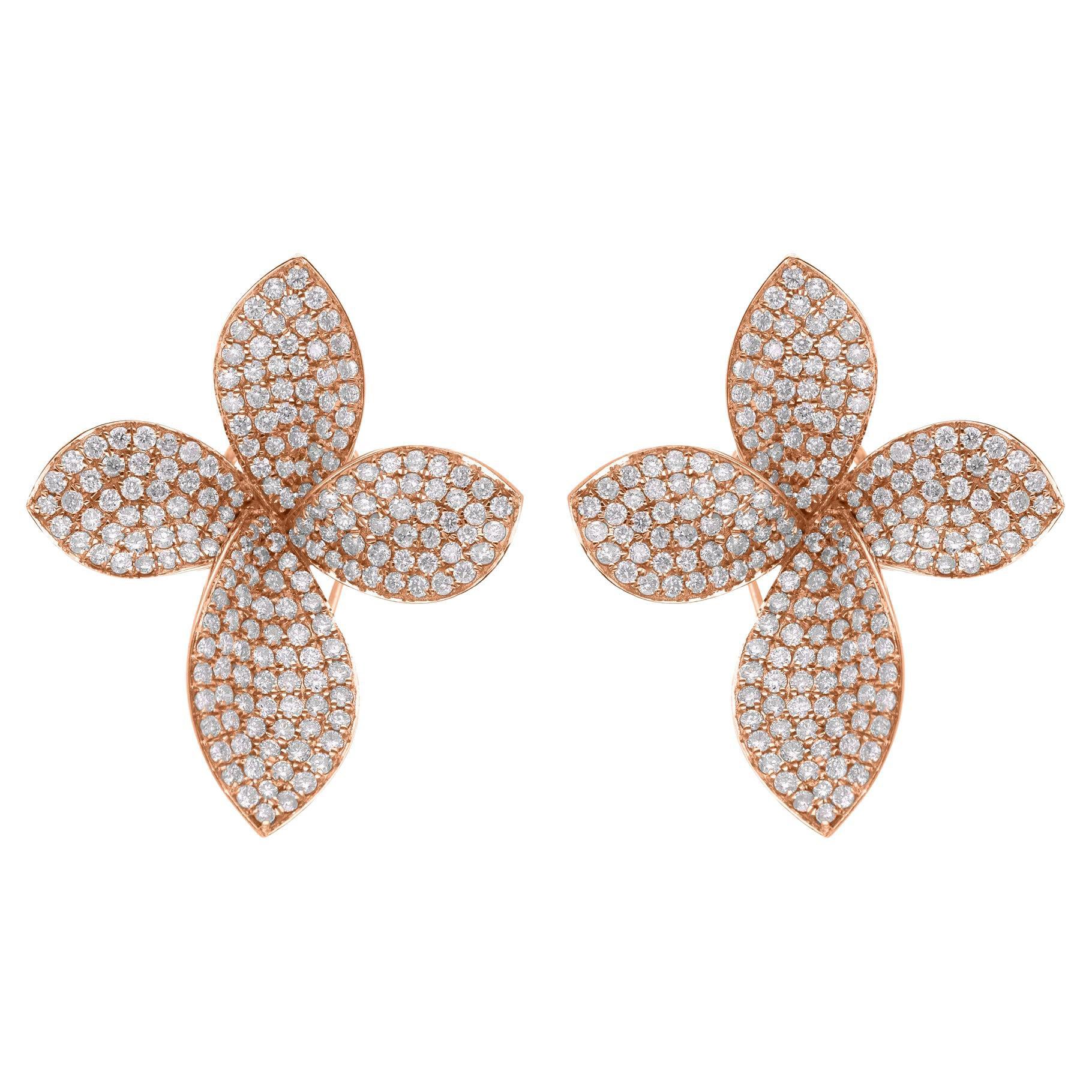 14K Rose Gold Natural 2.35ct Diamond Pave Floral Stud Earrings