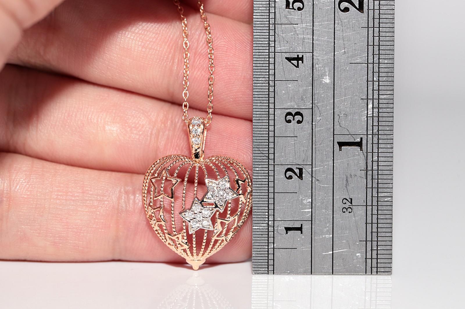 14k Rose Gold Natural Diamond Decorated Heart Pendant Necklace For Sale 5