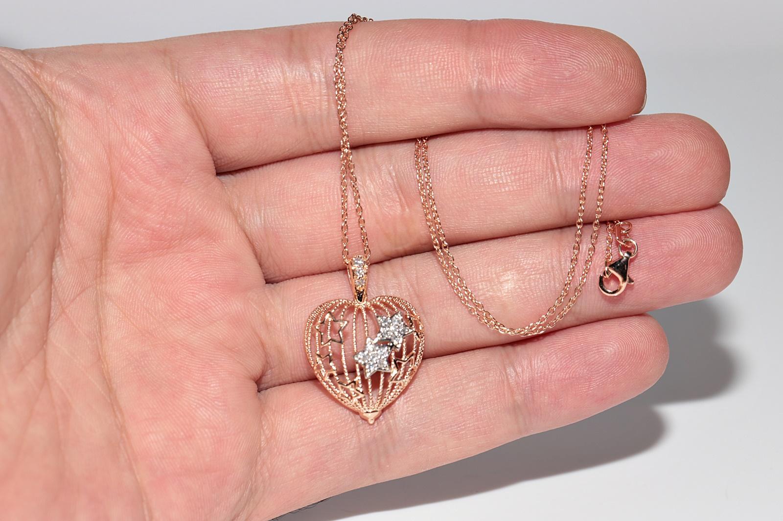 Women's 14k Rose Gold Natural Diamond Decorated Heart Pendant Necklace For Sale