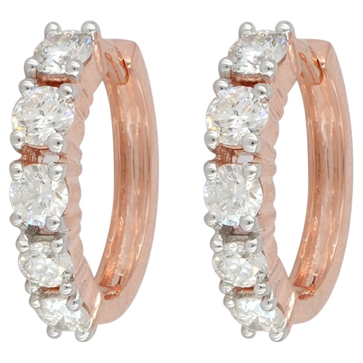 Boucles d'oreilles créoles « huggie » en or rose 14 carats avec diamants naturels – Bijoux de luxe unisexes