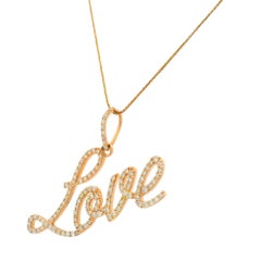 14K Rose Gold Natural Diamond Pave Script "Love" Pendant Necklace In Stock