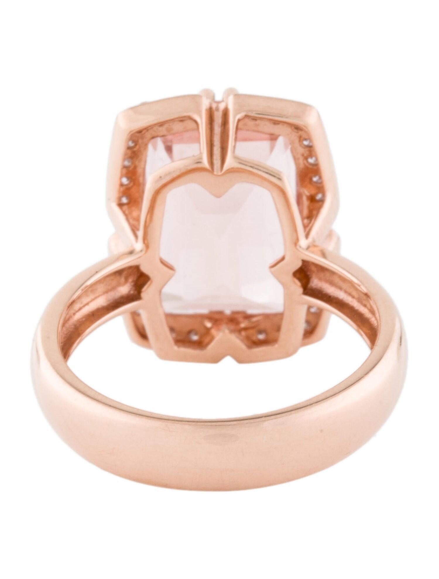 This is a magnificent morganite and diamond Emerald ring set in solid 14K rose gold. This morganite 6.71 Ct Emerald stone has an excellent peachy pink color (AAA quality gem) and is surrounded by a unique infinity style diamond halo. The ring is