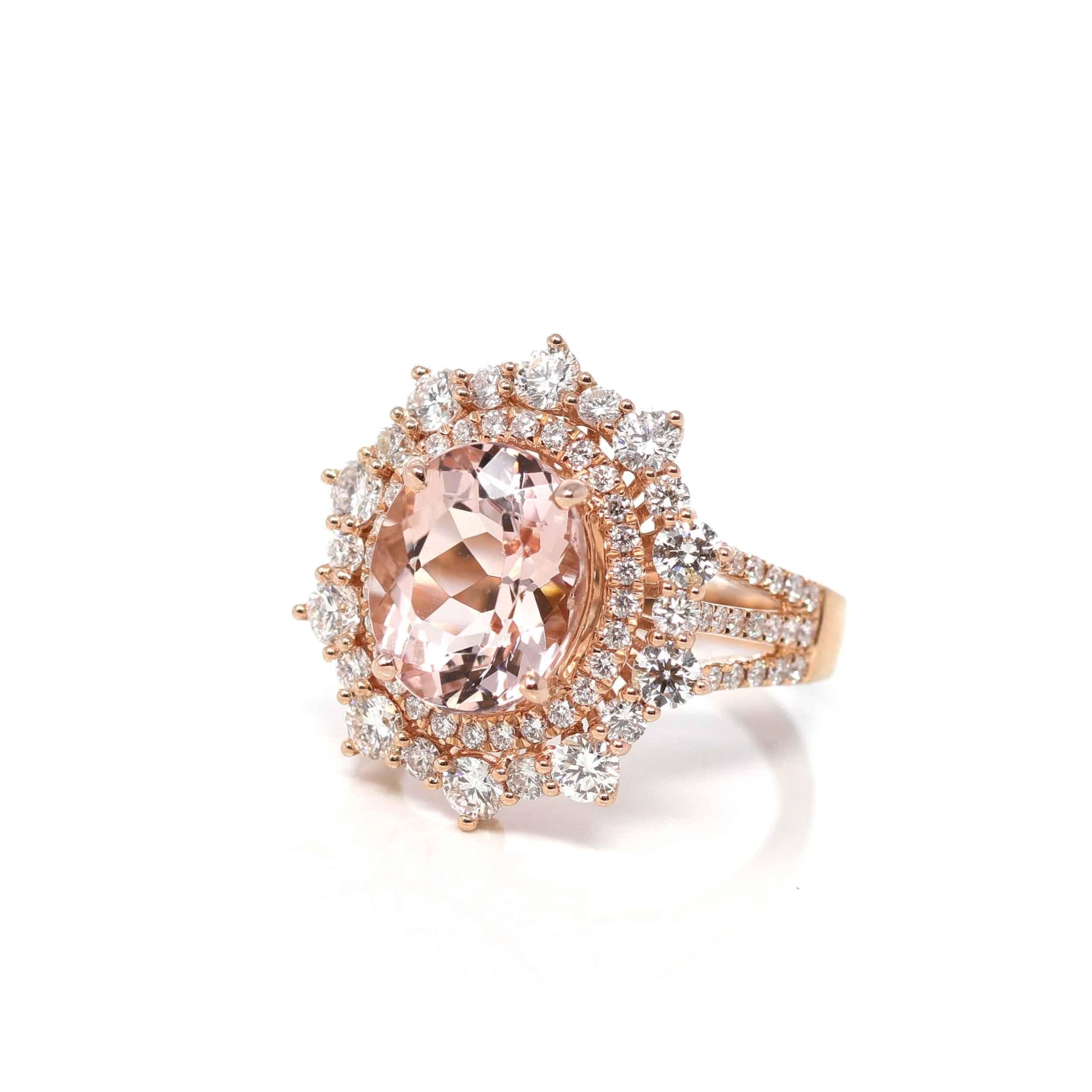 * Design Concept--- This ring features Massive Oval Brazillian Morganite 3.53 ct. The design is simplistic yet elegant. The ring looks very exquisite with some diamonds tracing the accents. Baikalla artisans are dedicated to combining beautiful
