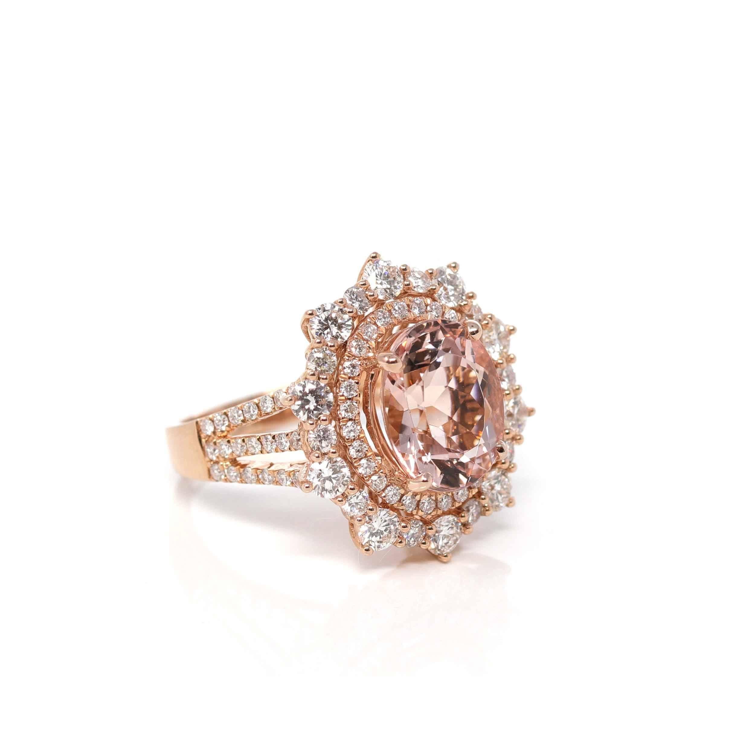 Artist 14K Rose Gold Natural Morganite Ring with Diamonds For Sale