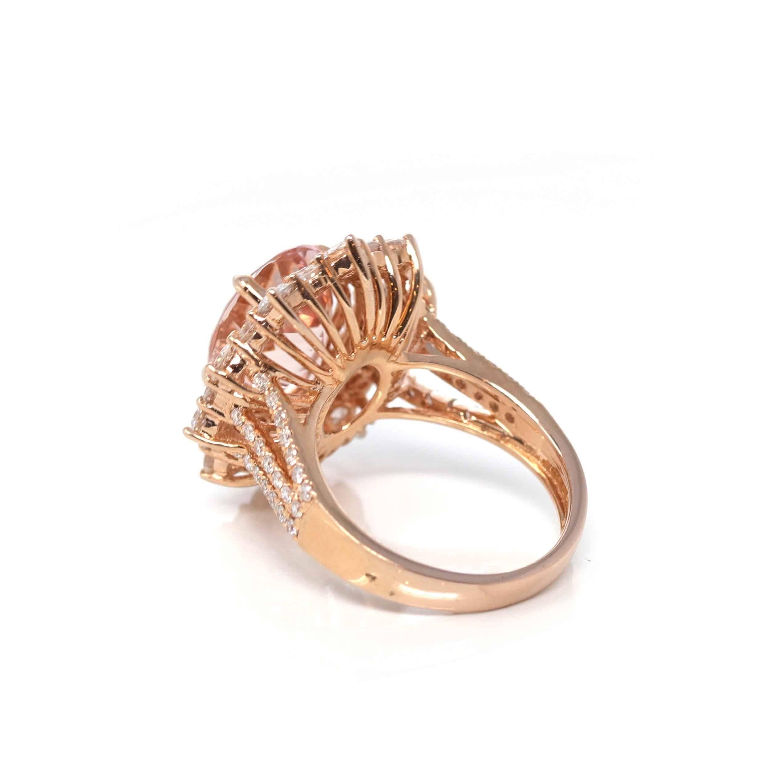 Oval Cut 14K Rose Gold Natural Morganite Ring with Diamonds For Sale