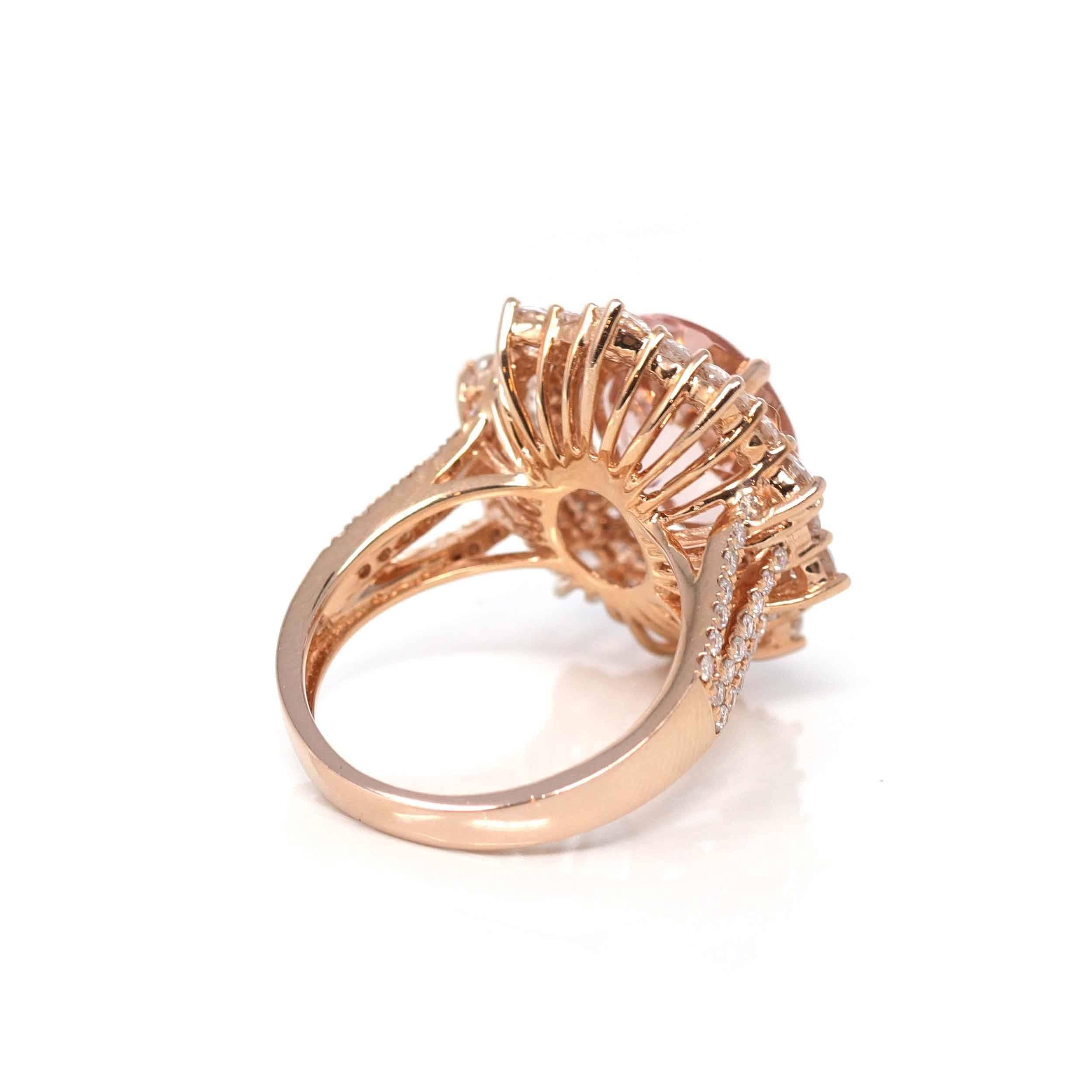 14K Rose Gold Natural Morganite Ring with Diamonds In New Condition For Sale In Portland, OR