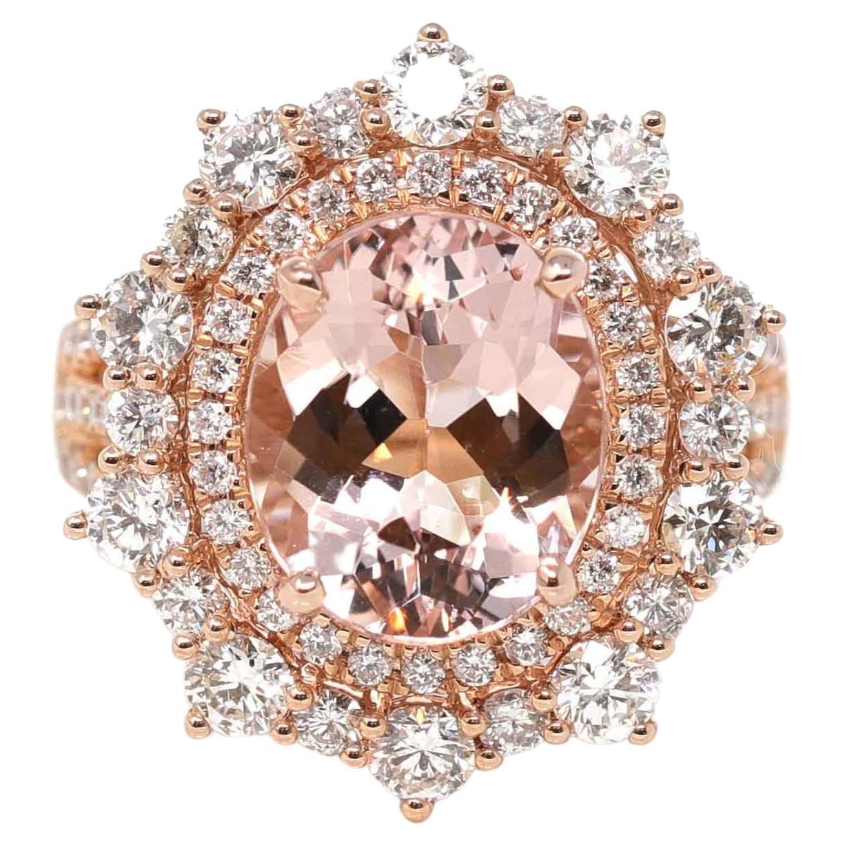 Bague en or rose 14 carats avec morganite naturelle et diamants