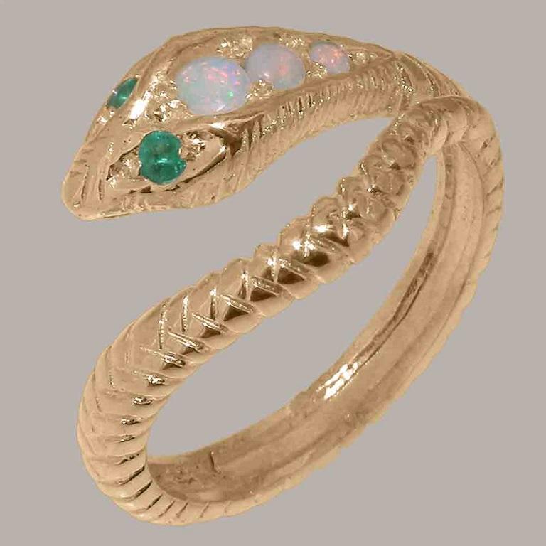 For Sale:  14K Rose Gold Natural Opal & Emerald Snake Ring 2
