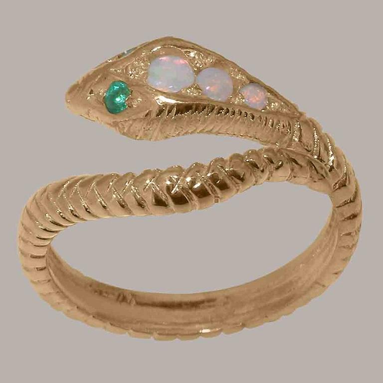 For Sale:  14K Rose Gold Natural Opal & Emerald Snake Ring 3