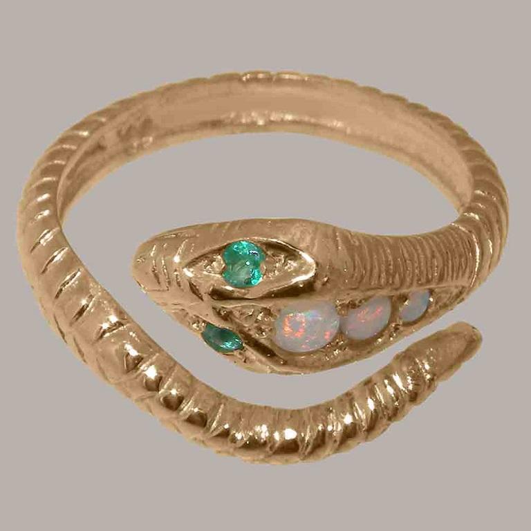 For Sale:  14K Rose Gold Natural Opal & Emerald Snake Ring 5