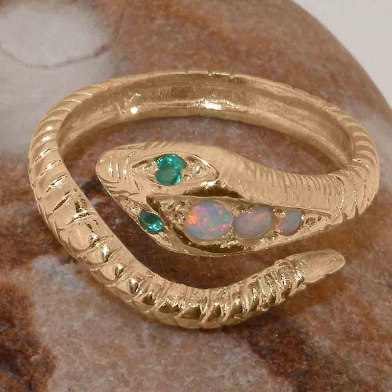 For Sale:  14K Rose Gold Natural Opal & Emerald Snake Ring 6