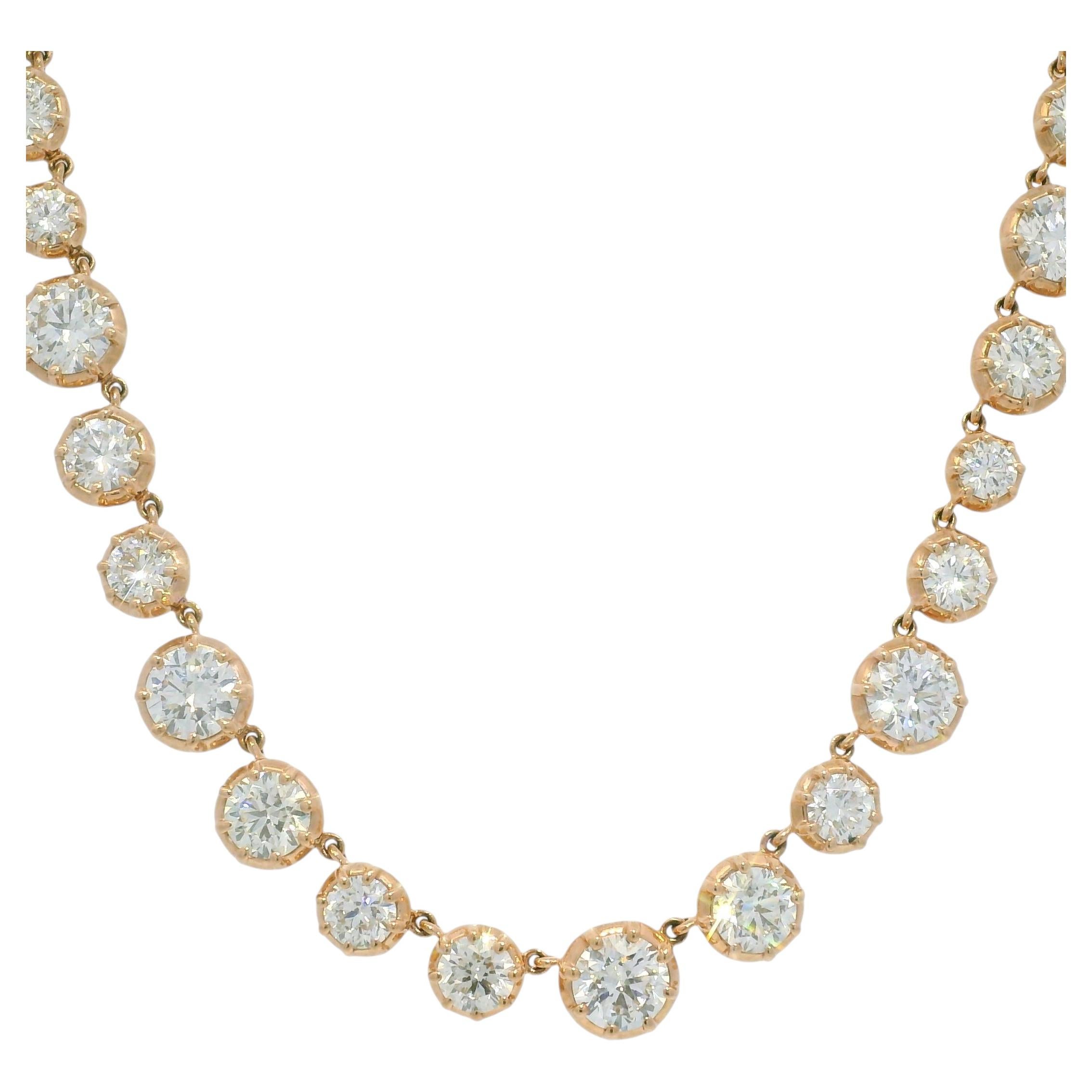14k Rose Gold Natural Round Brilliant Diamond Graduated Bezel Set Necklace