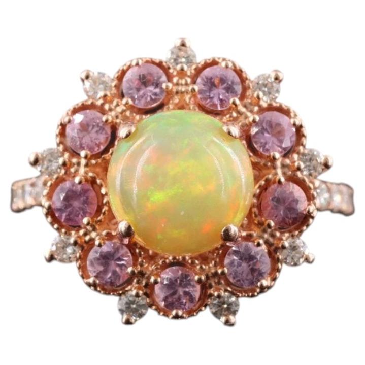 Anello da cocktail in oro rosa 14 carati con opale, zaffiro rosa e diamanti