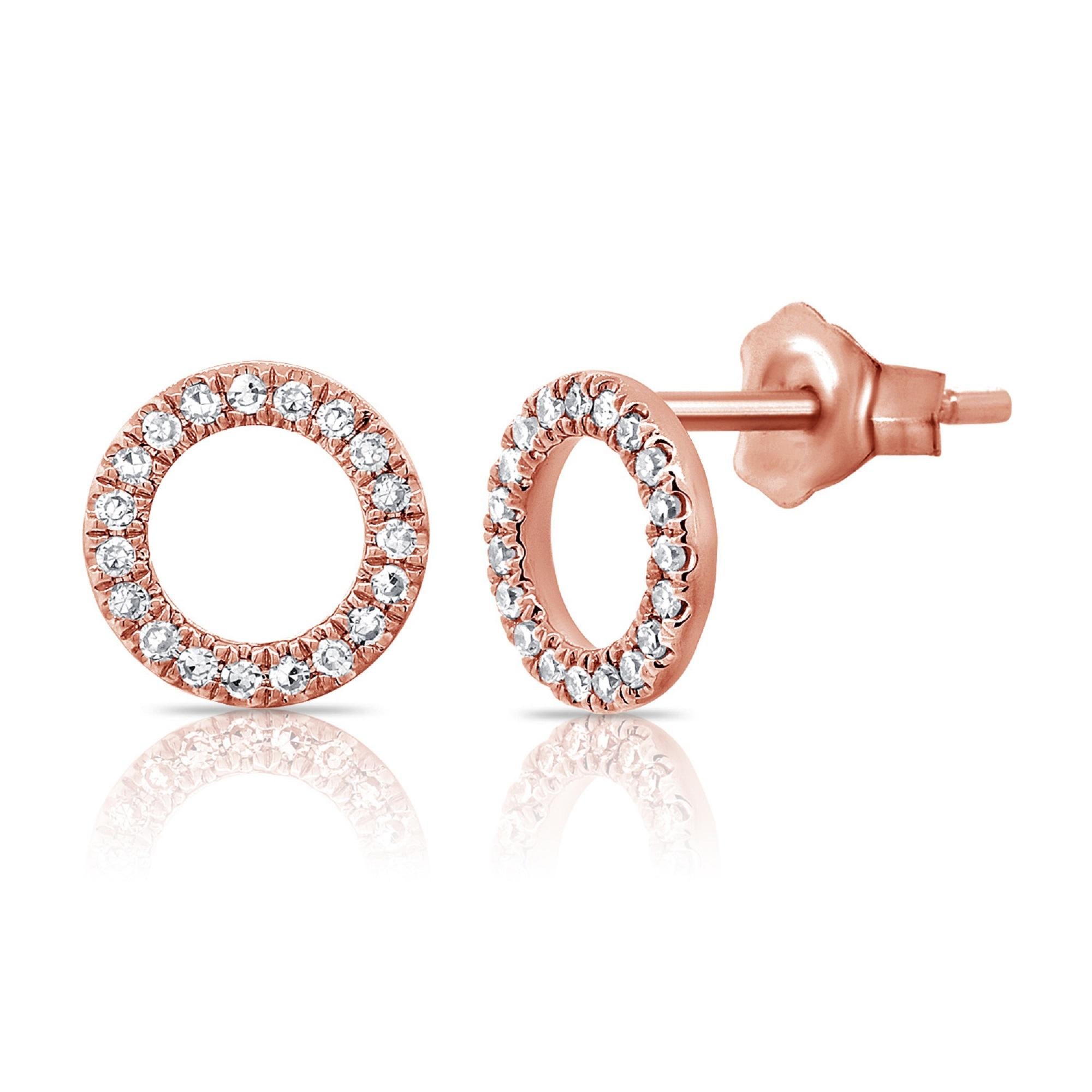Contemporary 14K Rose Gold Open Circle Diamond Stud Earrings for Her For Sale