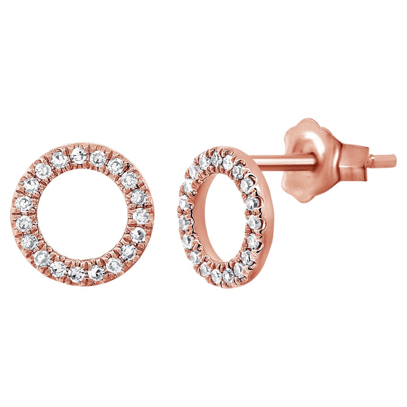 14K Rose Gold Open Circle Diamond Stud Earrings for Her For Sale