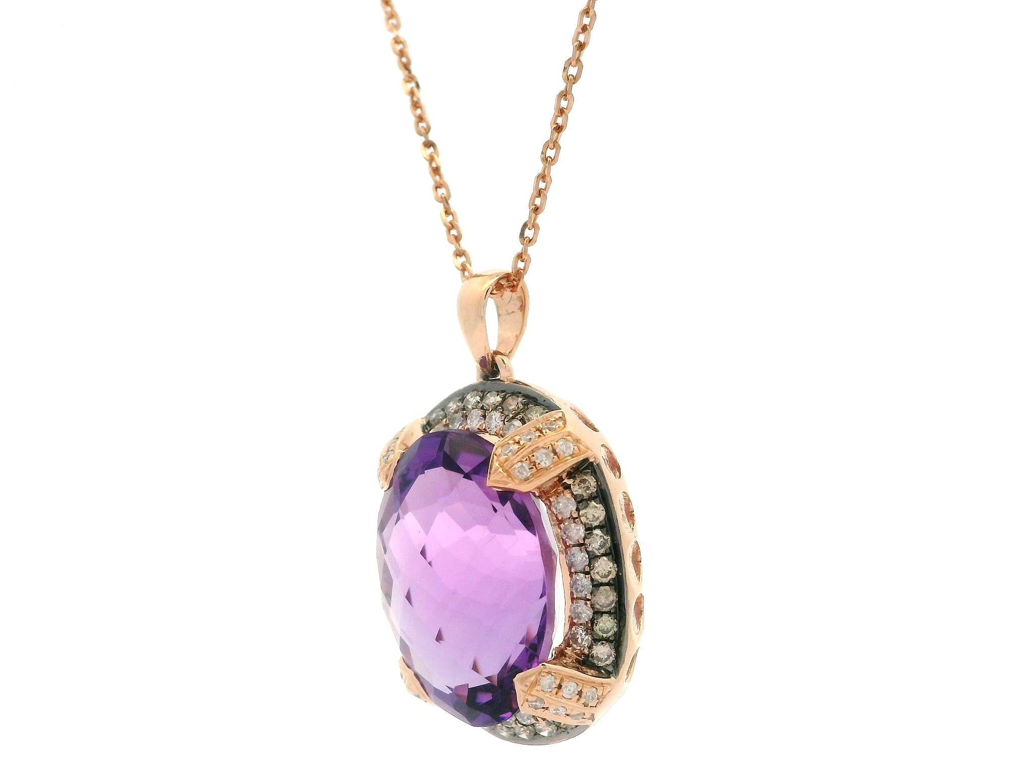 14k Rose Gold Oval Amethyst w/ 0.50ct Diamond Accents Pendant 18
