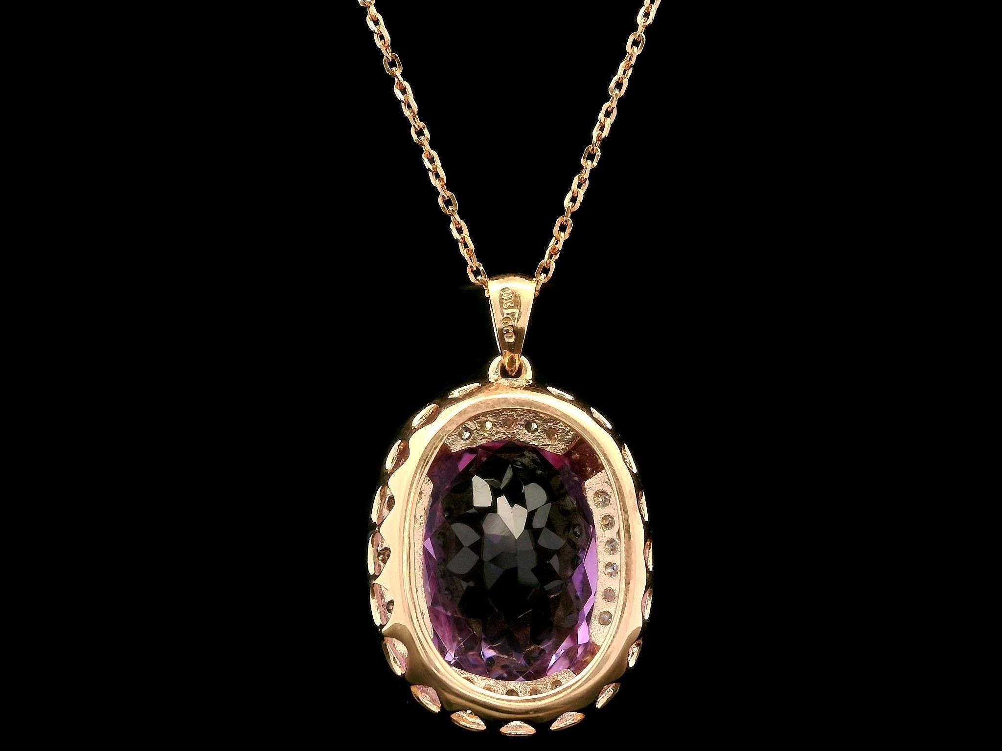 –Stone(s)–
(1) Natural Genuine Amethyst - Checkerboard Oval Cut - Prong Set - Purple Color - 16x12mm (approx.) 
(72) Natural Genuine Diamond - Round Brilliant Cut - Pave Set - White & Champagne Color - 0.50ctw (approx.)

Material: Solid 14k Rose