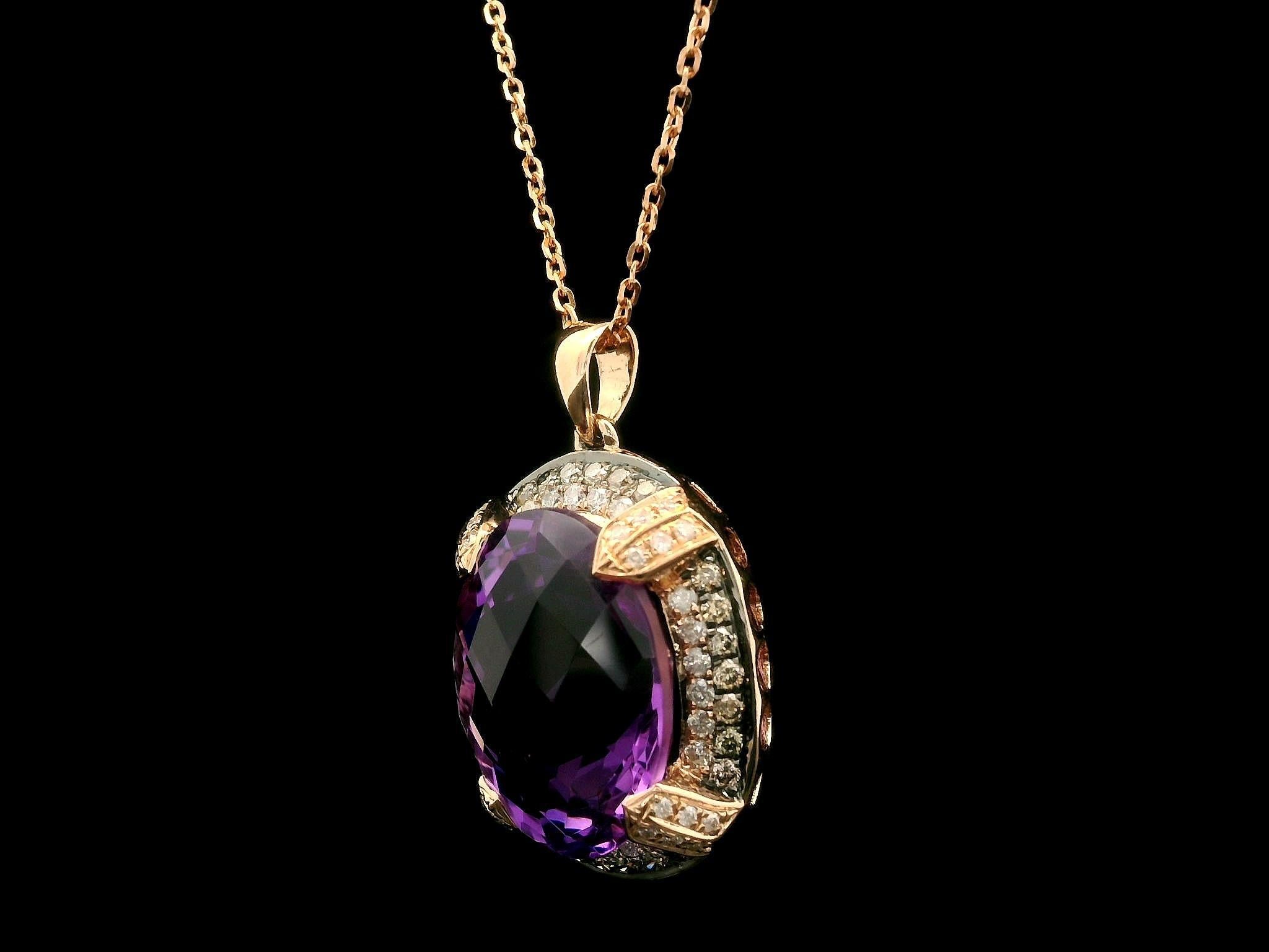 Oval Cut 14k Rose Gold Oval Amethyst w/ 0.50ct Diamond Accents Pendant 18