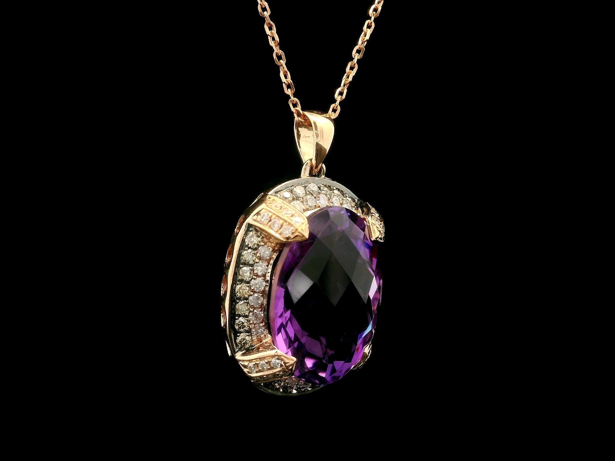 14k Rose Gold Oval Amethyst w/ 0.50ct Diamond Accents Pendant 18