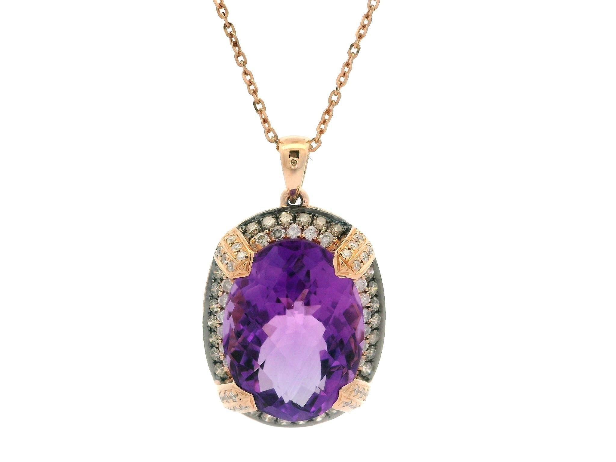 14k Rose Gold Oval Amethyst w/ 0.50ct Diamond Accents Pendant 18