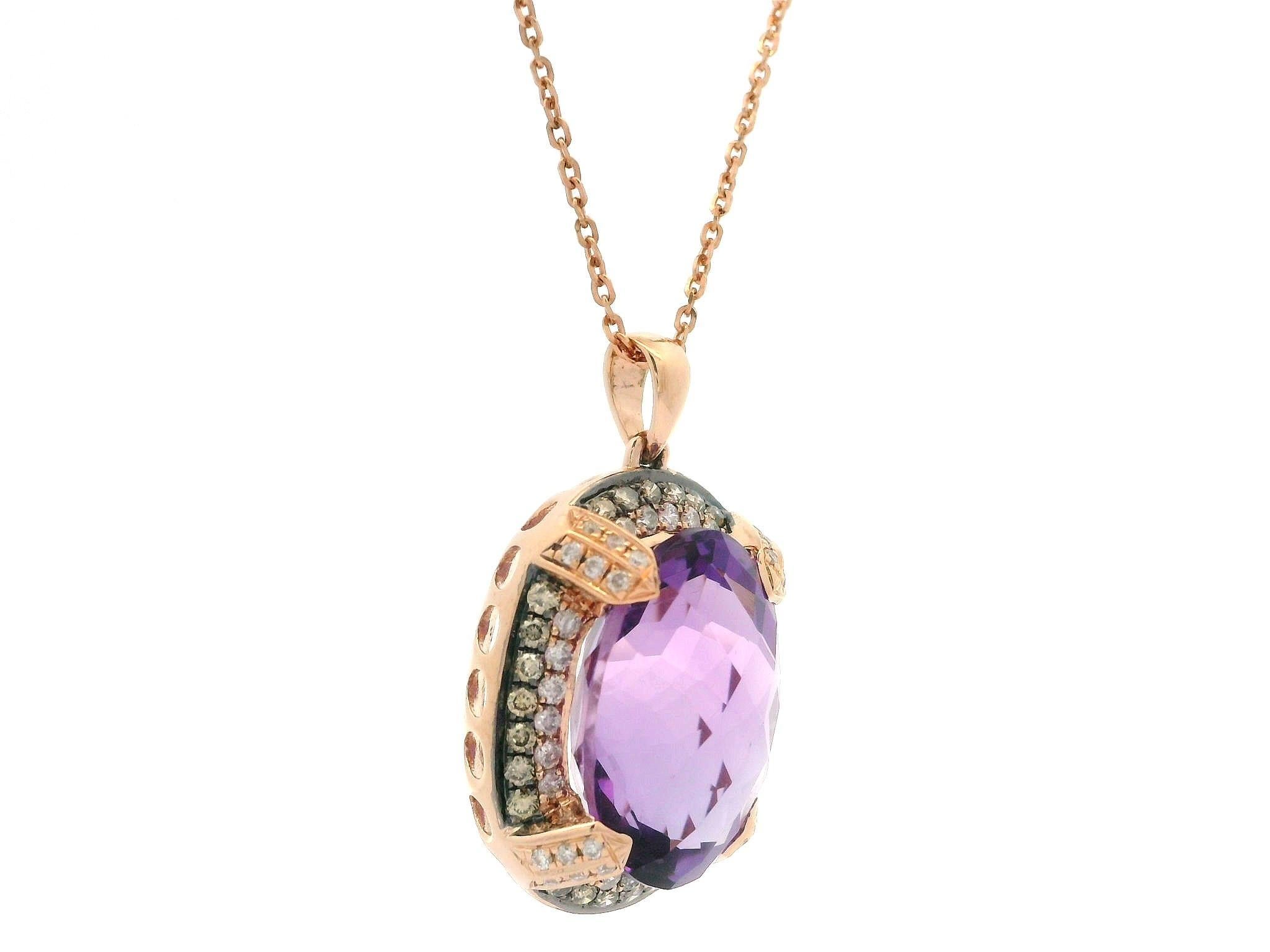 14k Rose Gold Oval Amethyst w/ 0.50ct Diamond Accents Pendant 18