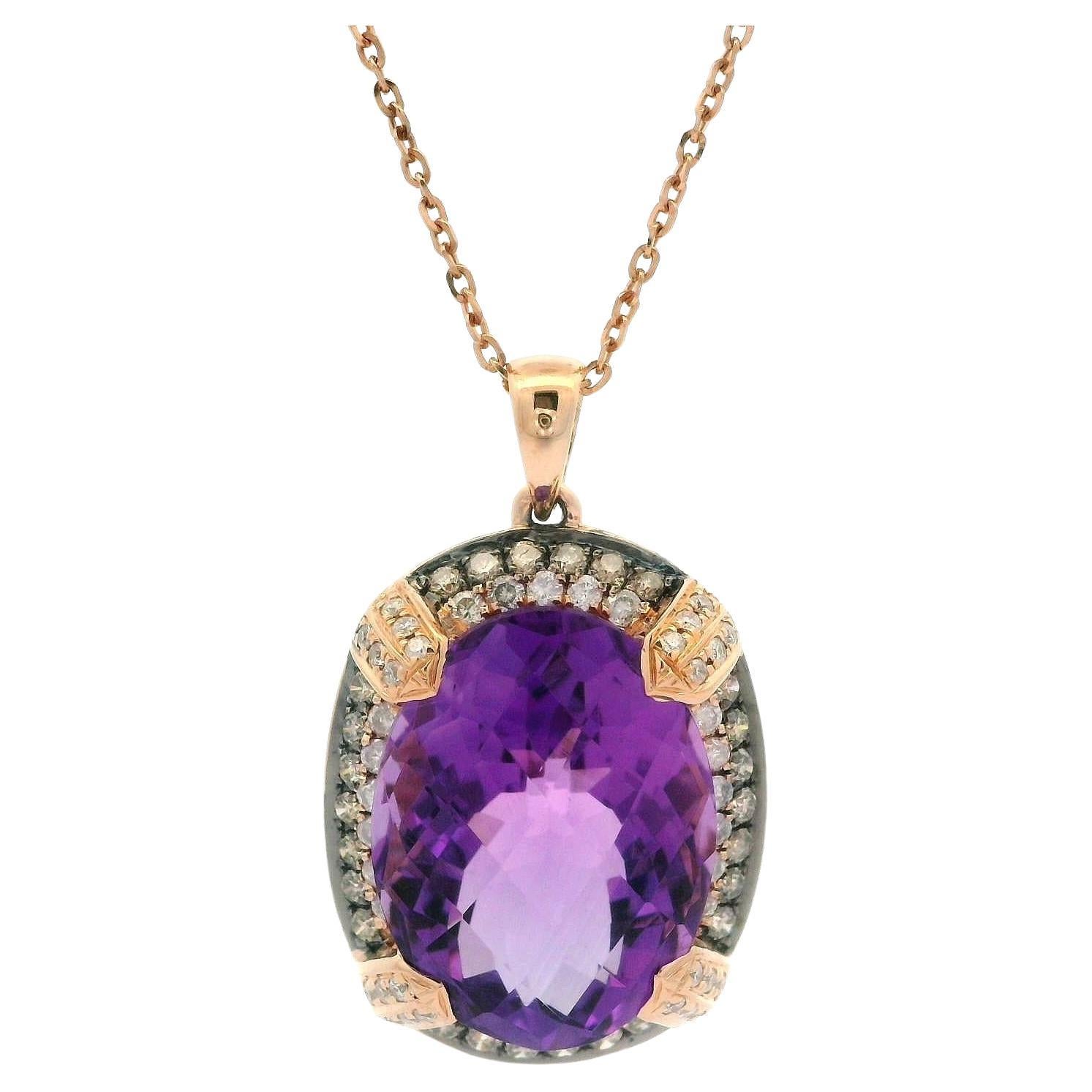 14k Rose Gold Oval Amethyst w/ 0.50ct Diamond Accents Pendant 18" Chain Necklace For Sale