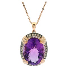 14k Rose Gold Oval Amethyst w/ 0.50ct Diamond Accents Pendant 18" Chain Necklace
