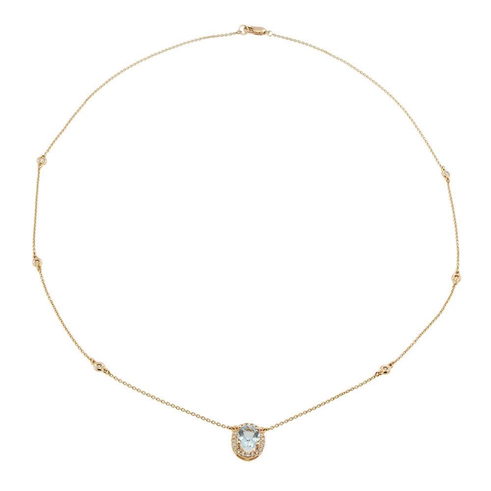 Taglio ovale Collana a raggiera ovale in oro rosa 14K con acquamarina e diamanti in vendita