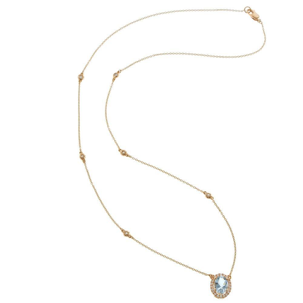 Donna Collana a raggiera ovale in oro rosa 14K con acquamarina e diamanti in vendita