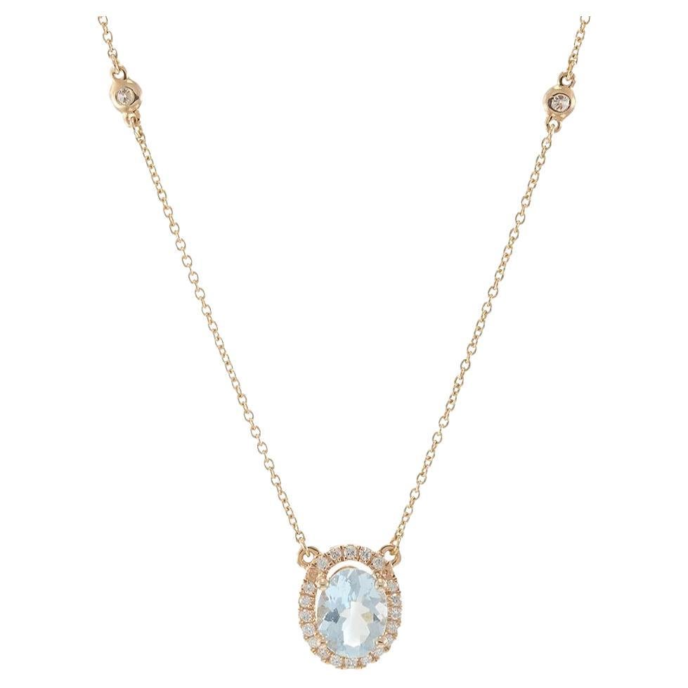 Collana a raggiera ovale in oro rosa 14K con acquamarina e diamanti in vendita