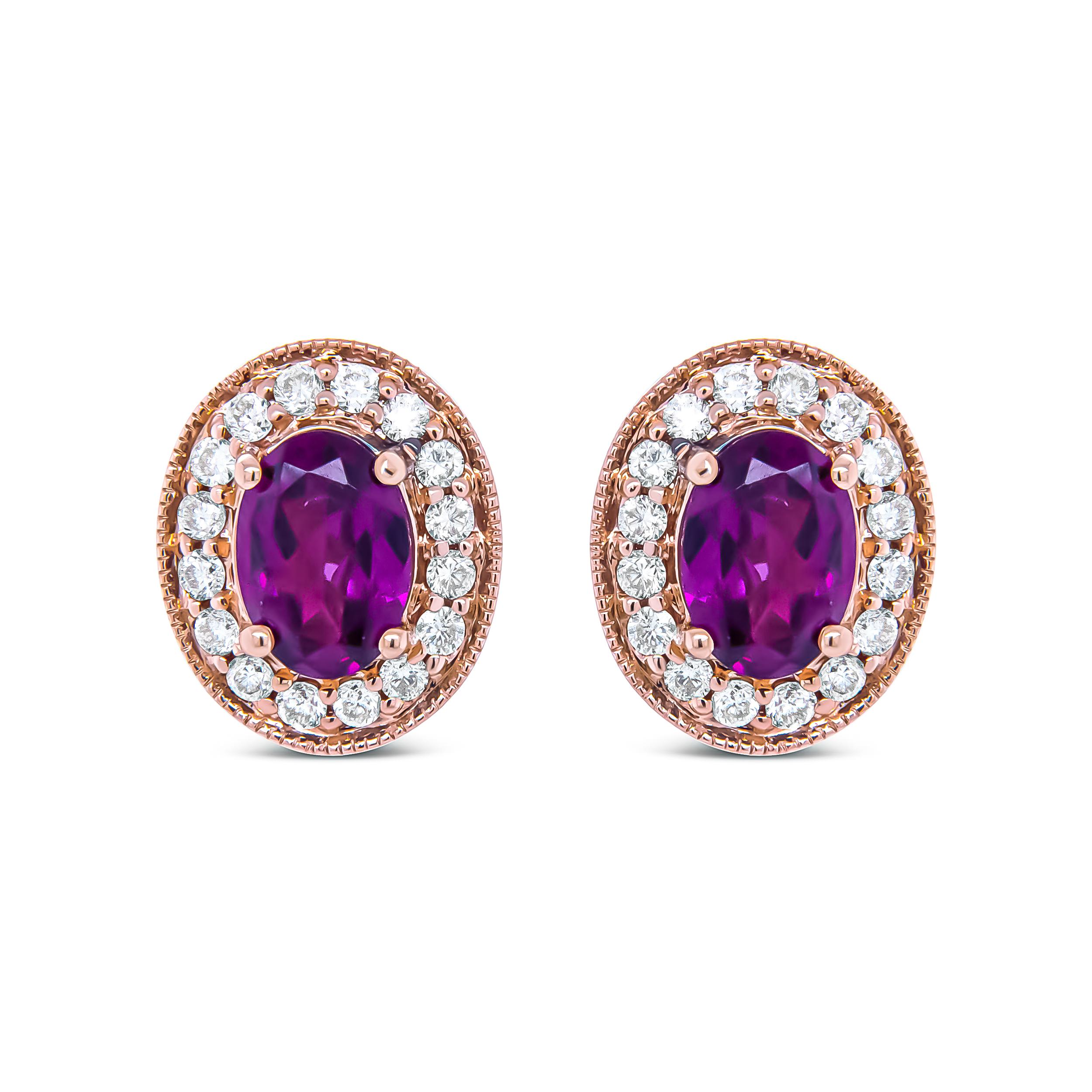 Glamorous and beguiling, these halo stud earrings are sure to please everyone's level of sparkle. Fashioned in genuine 14k rose gold, the earrings feature 7x5mm oval garnets in prong settings. A halo of round, prong-set diamonds surround each