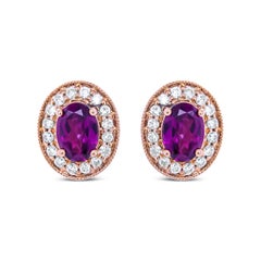 14K Rose Gold Oval Cut Garnet and 3/8 Carat Round Diamond Halo Stud Earrings