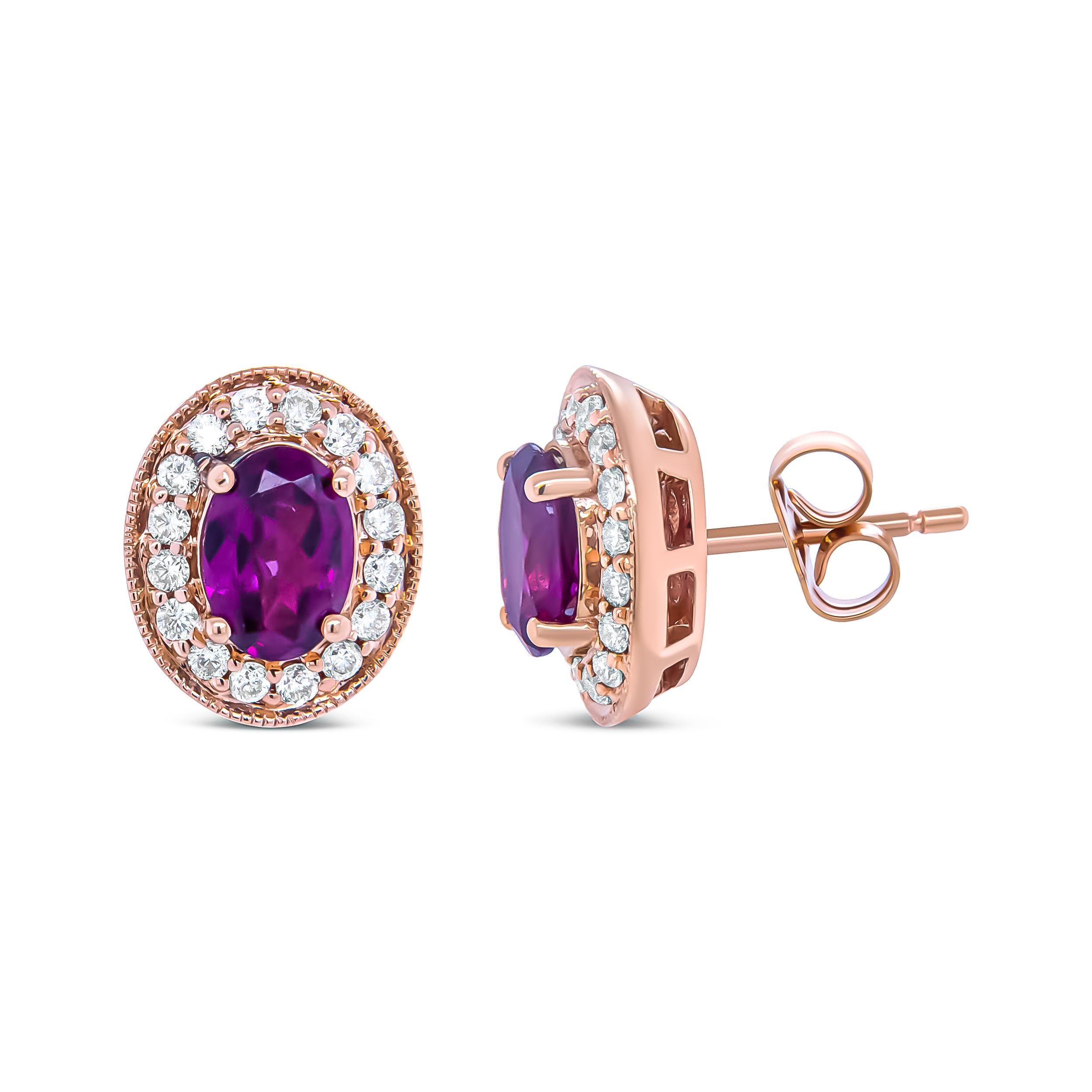 Contemporary 14K Rose Gold Oval Cut Garnet and 3/8 Carat Round Diamond Halo Stud Earrings For Sale