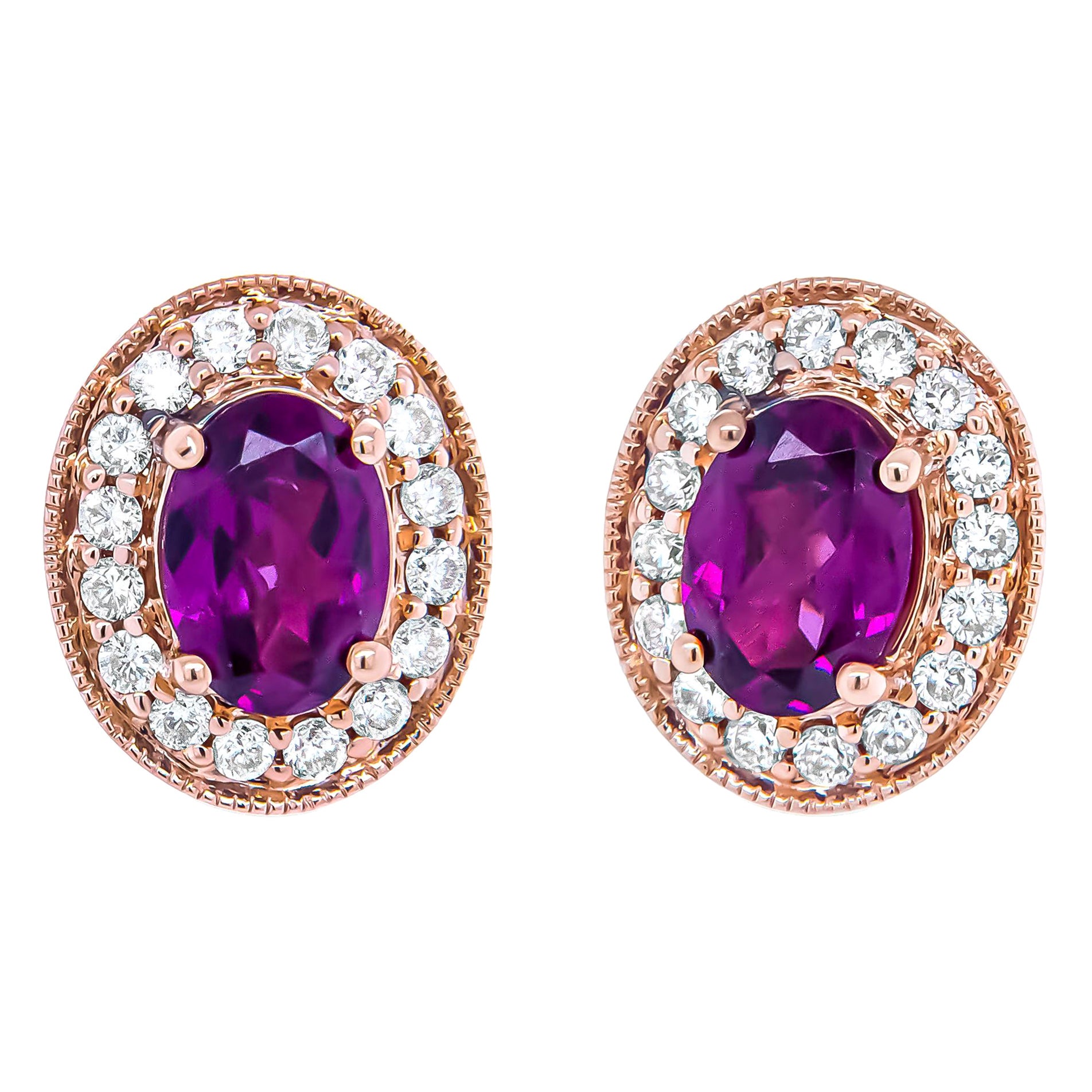 Clous d'oreilles en or rose 14 carats avec grenat taille ovale et halo de diamants ronds de 3/8 carats