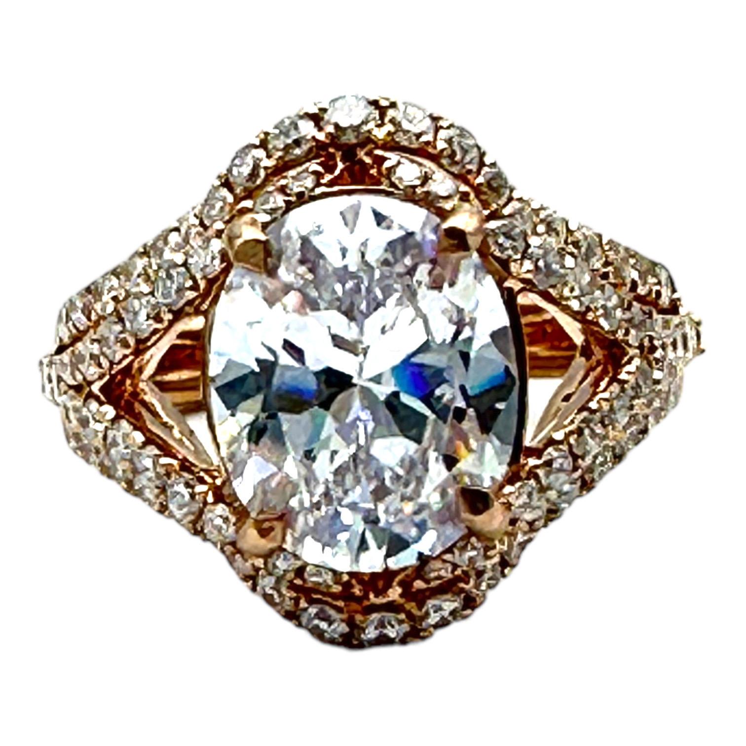 14K Rose Gold Oval Diamond Engagement Setting 1.07 Ct Melee VS-G For Sale