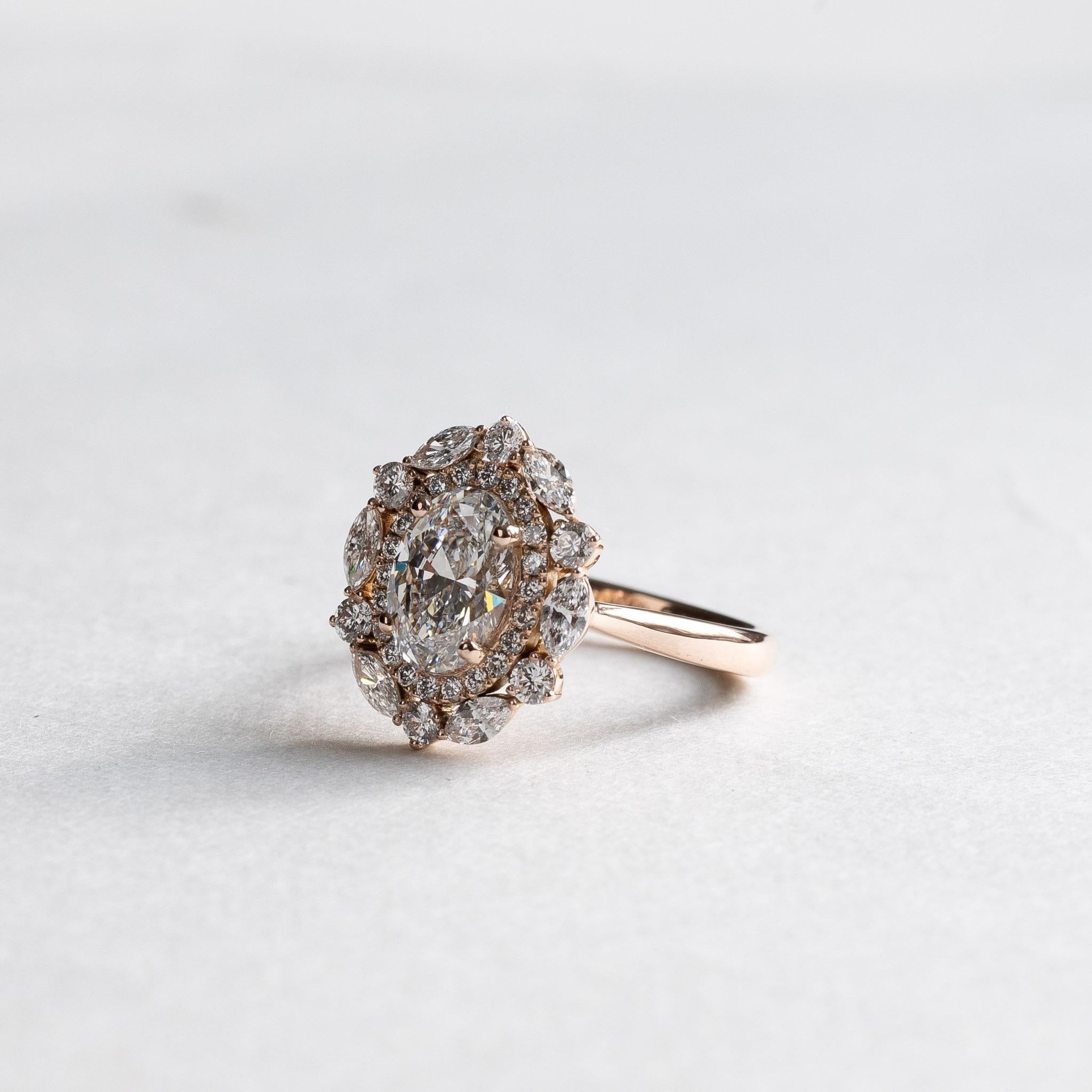 14k Rose Gold GIA 1.5 Carat Oval Double Halo Engagement Ring For Sale 4