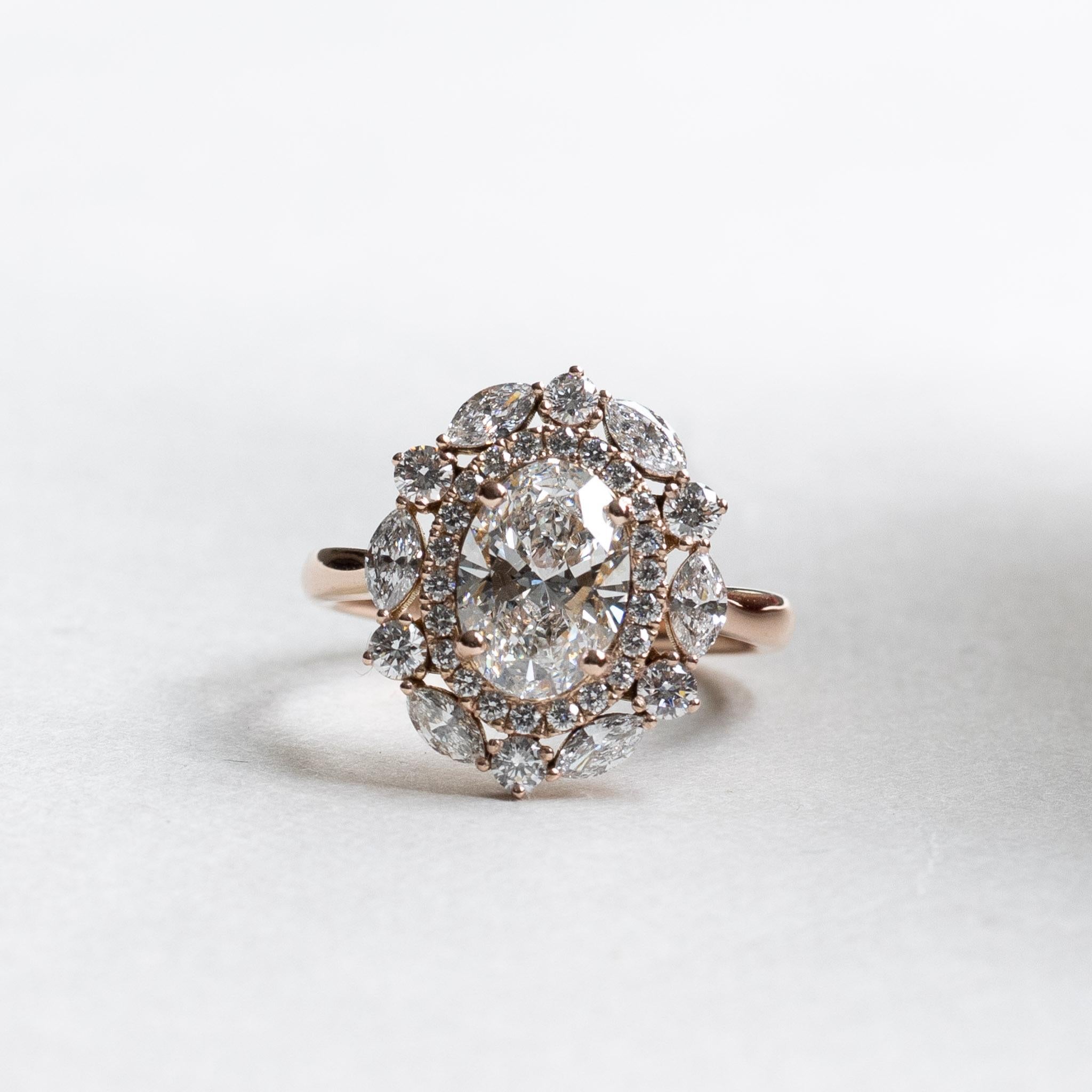 Victorian 14k Rose Gold GIA 1.5 Carat Oval Double Halo Engagement Ring For Sale