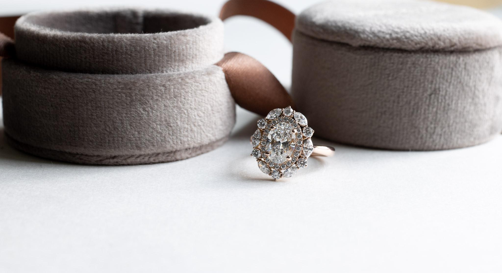 Oval Cut 14k Rose Gold GIA 1.5 Carat Oval Double Halo Engagement Ring For Sale