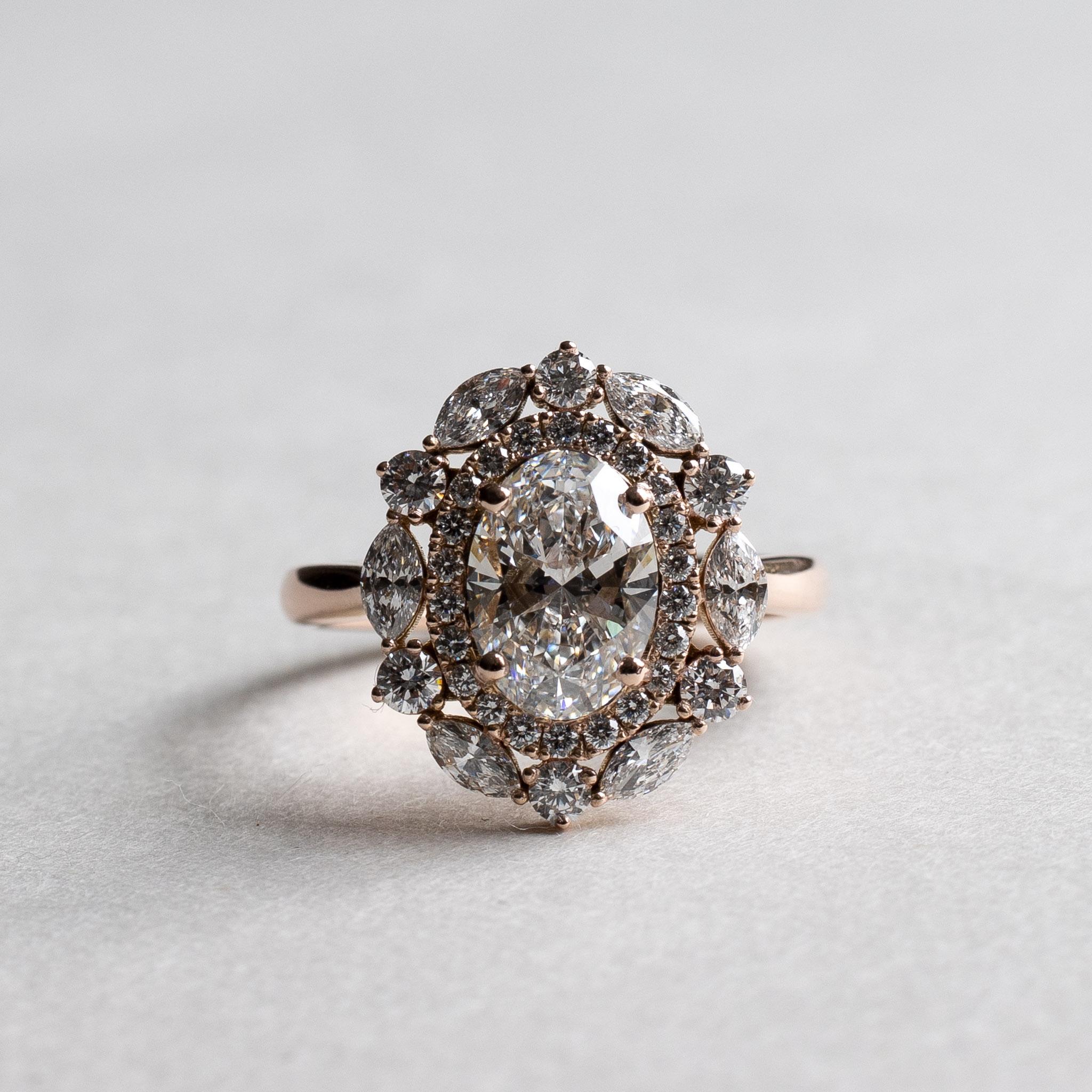 14k Rose Gold GIA 1.5 Carat Oval Double Halo Engagement Ring In New Condition For Sale In Wallingford, CT