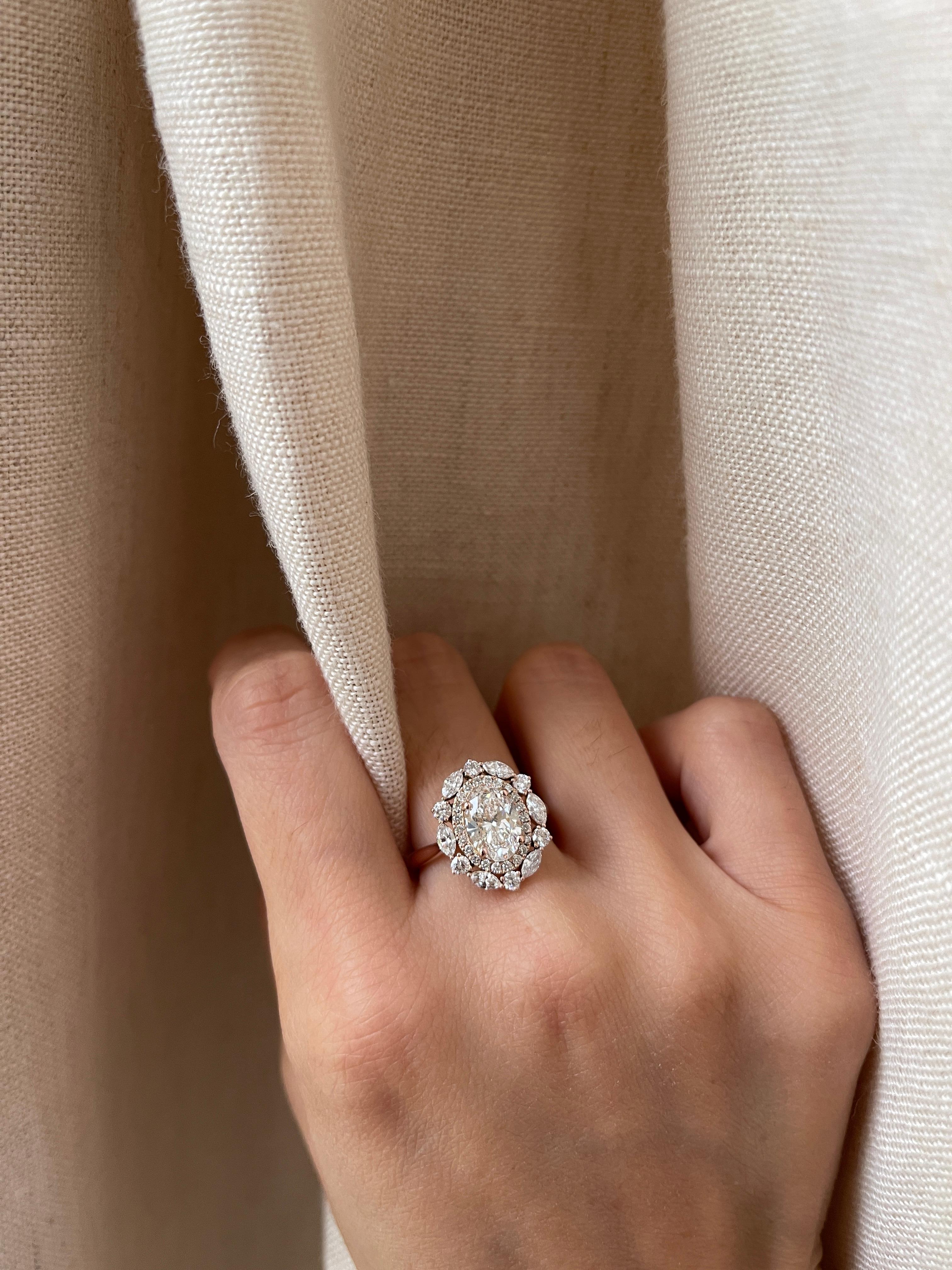 14k Rose Gold GIA 1.5 Carat Oval Double Halo Engagement Ring For Sale 2