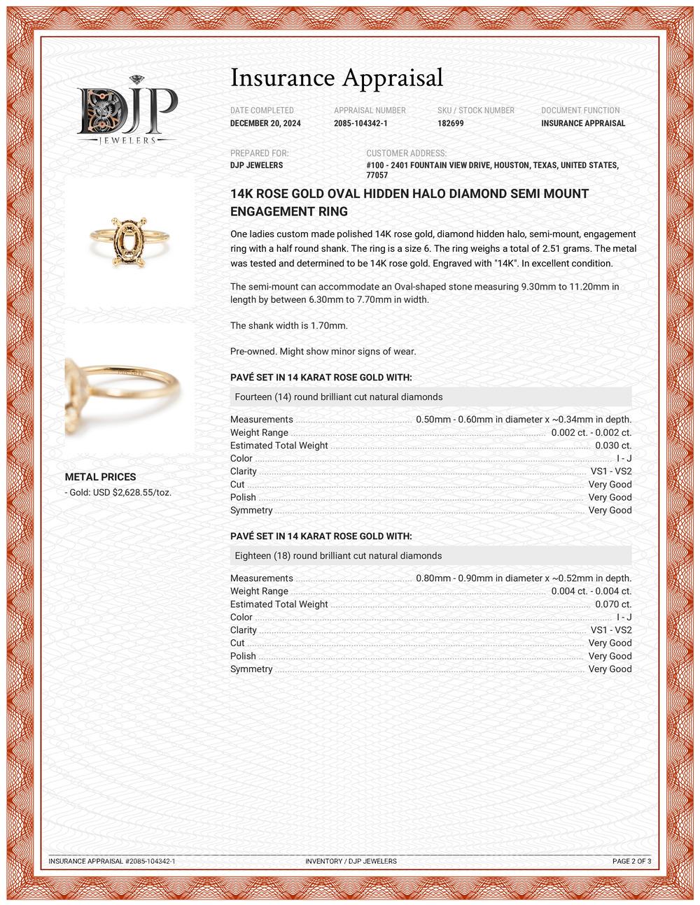 14K Rose Gold Oval Hidden Halo Diamond Semi Mount Engagement Ring For Sale 3