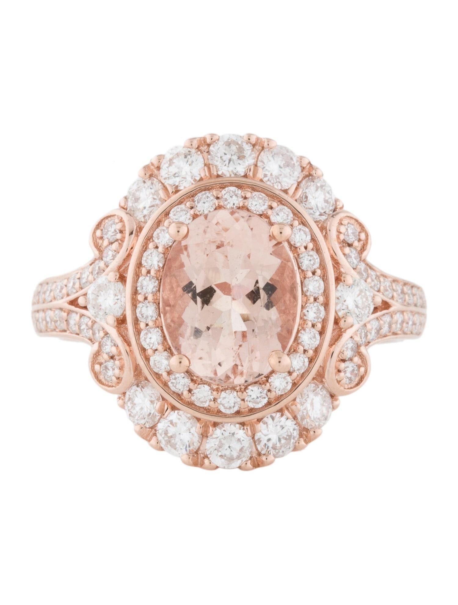 This is a Victorian age looking oval-shaped natural 1.73 Ct morganite and diamond ring set in solid 14K rose gold. This ring features a magnificent natural oval 1.73 Carat morganite stone with excellent clear color (AAA quality gem) surrounded on