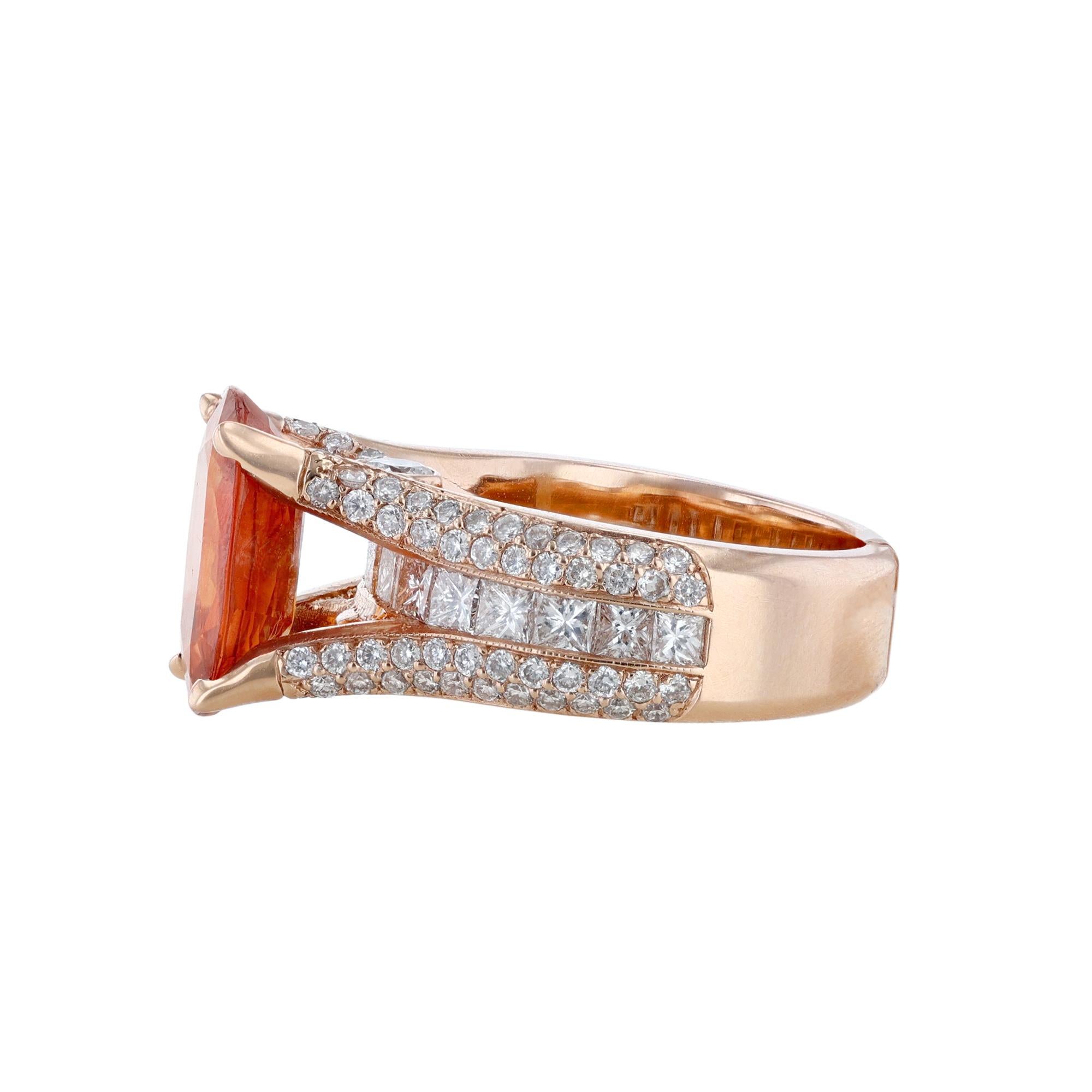 Contemporary 14K Rose Gold Oval Orange Sapphire Diamond Ring For Sale